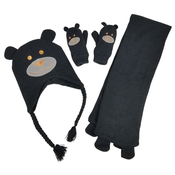 N'Ice Caps Little Kids Toddlers Cute Animal Face Knitted 3 Piece Hat Scarf Mitten Set - Black