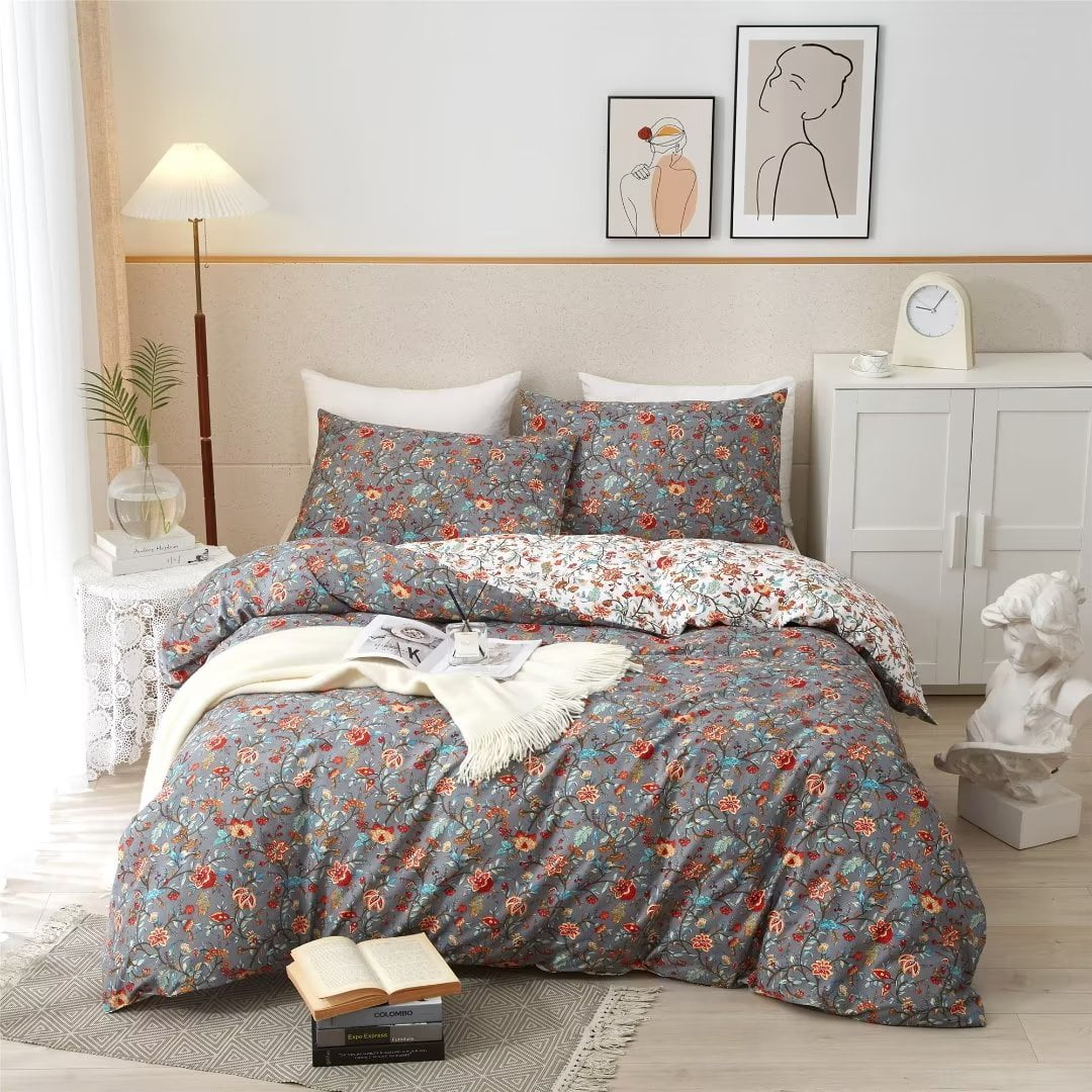 PinkMemory Gray Floral Duvet Cover Queen Cotton,Reversible Gray and