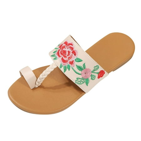 

TAIAOJING Women Flat Sandals Summer Sandals Flat Lightweight Flower Embroidery Ethnic Style Beach Casual