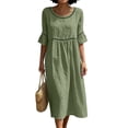 thumbnail image 2 of Ayolanni Dresses for Women Crew Neck Solid Short Sleeve A-Line Maxi Dress Beach Casual Cotton Linen Flowy Long Dress with Ruffle Sleeve Green S, 2 of 6