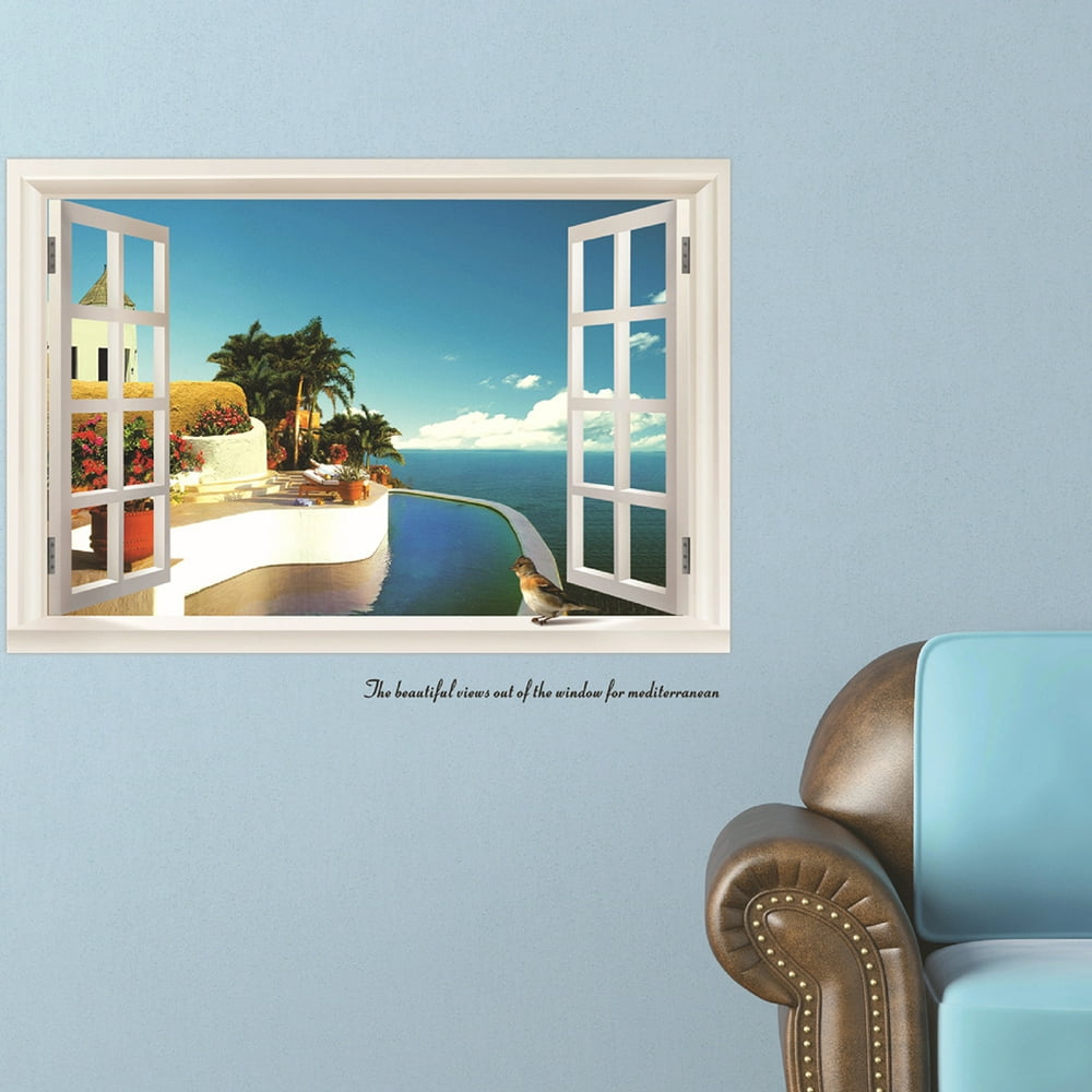3D Window Sea View Removable PVC Wallpaper Self Adhesive Mural Decal