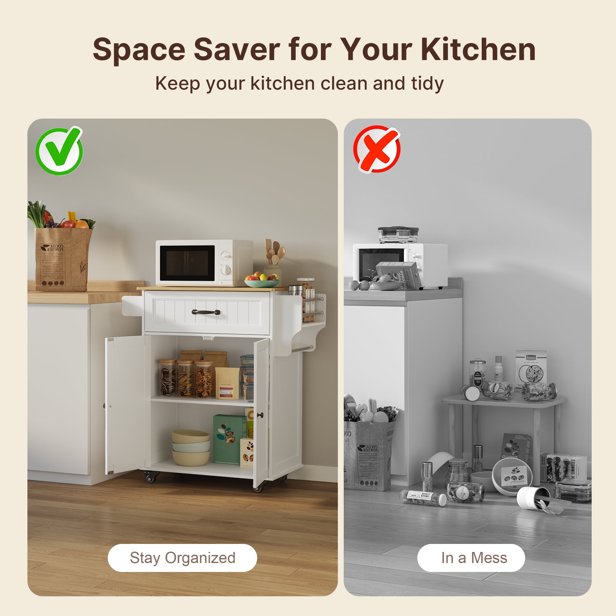 Lofka Kitchen Island Cart with Storage on Wheels, Microwave Stand with Spice Rack & Towel Rack, White Rolling Kitchen Cart with Drawer, Adjustable Shelf for Small Kitchen, Dining Room