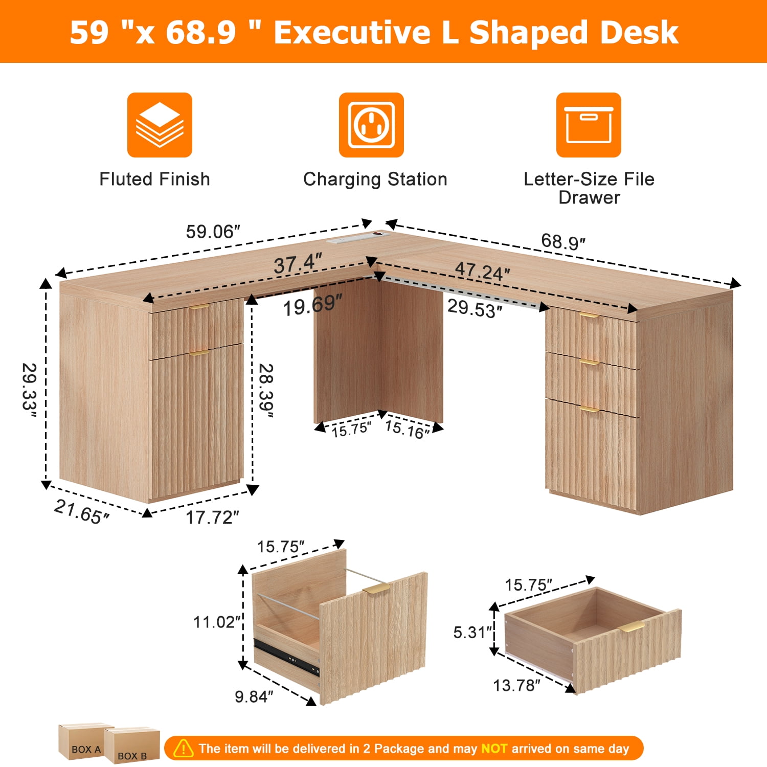 69-Inch Modern L Shaped Executive Desk with Charging Station & File Drawer, Large Home Office Corner Desk with Storage Drawers and Cabinet, Fluted Wood Computer Desk Writing Desk, Natural Oak Finish