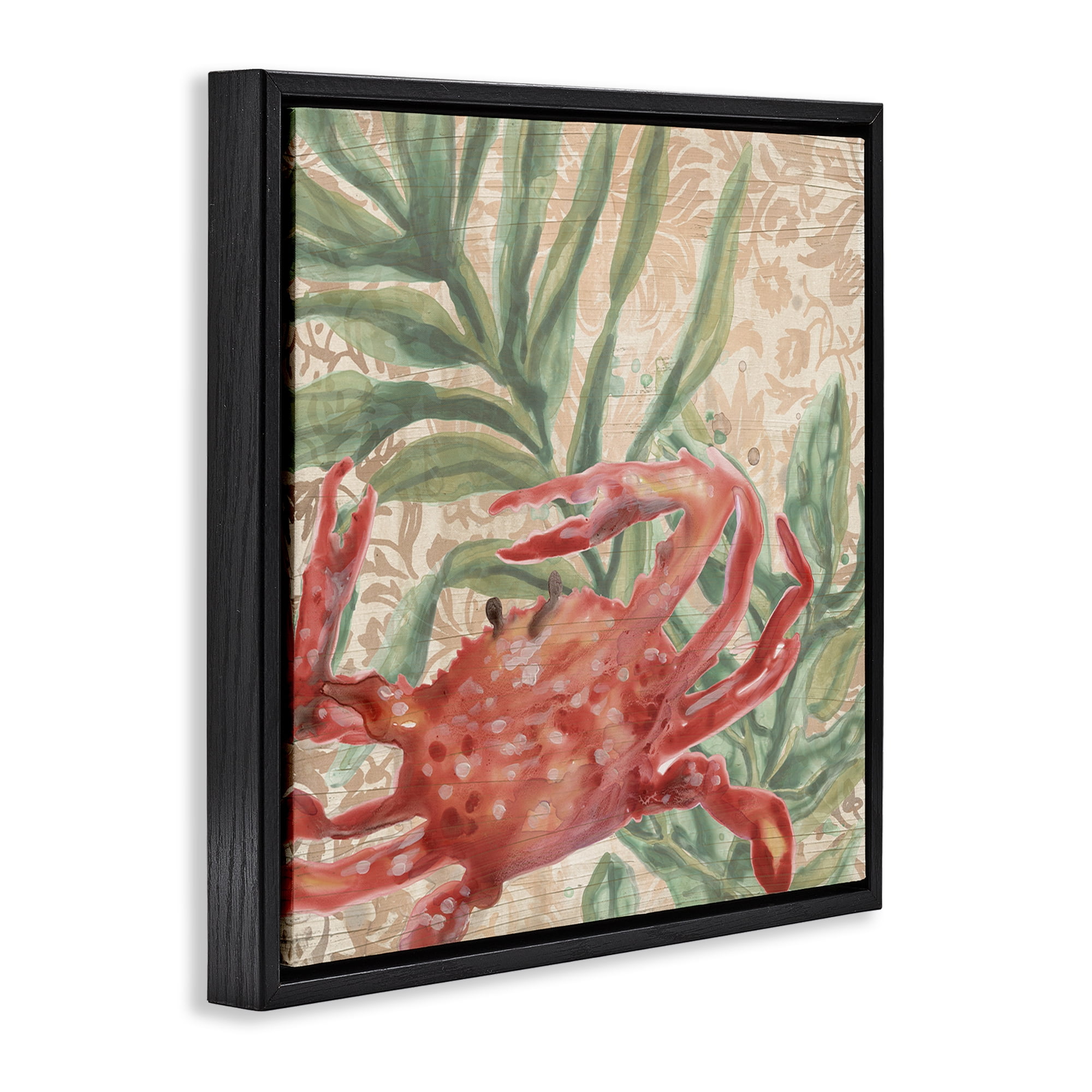 Stupell Industries Crab on Floral Pattern Animals & Insects Painting Black Floater Framed Canvas Art Print Wall Art, 18 x 18