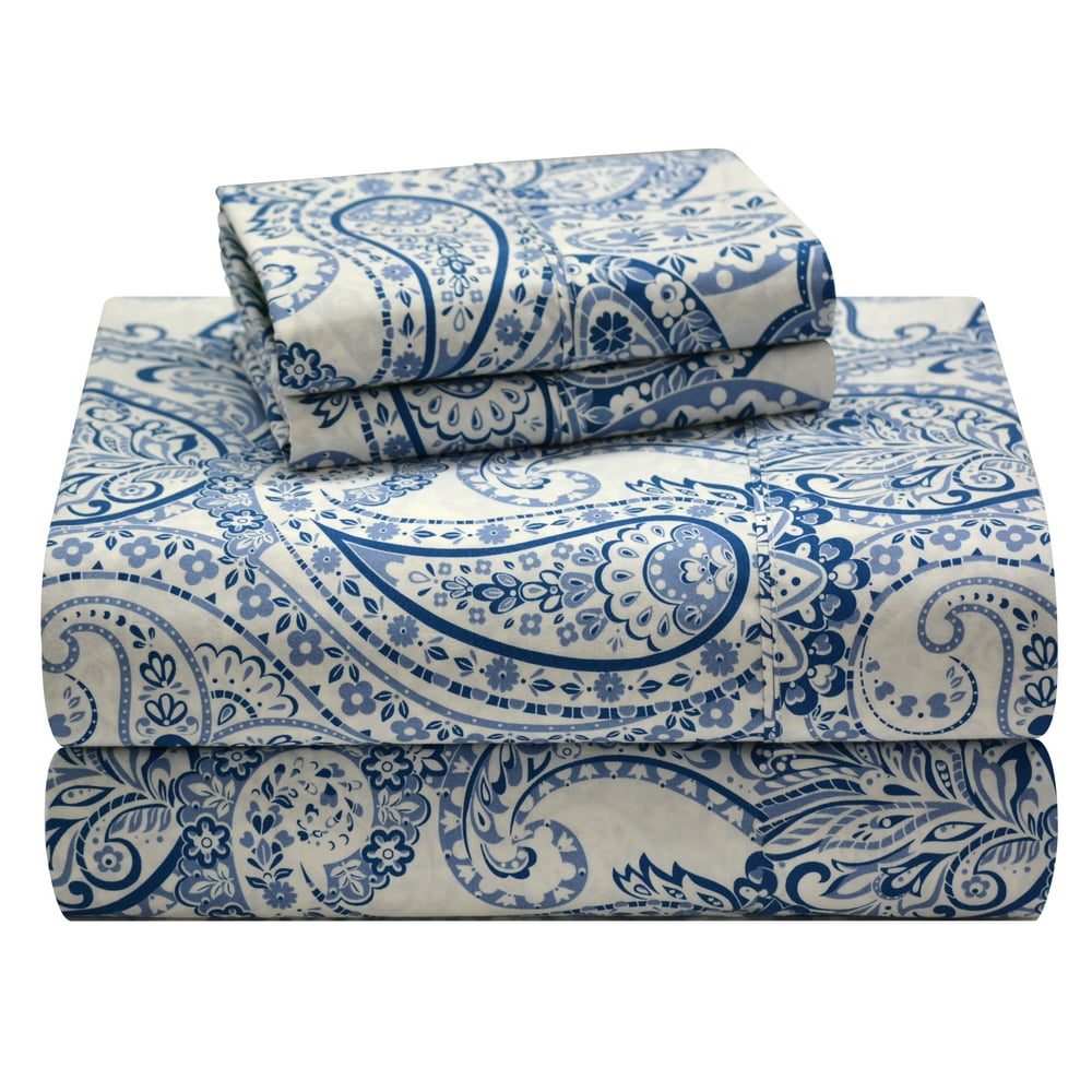 Boho Paisley Blue Combed Cotton Printed Sheet Set Full, Boho Paisley