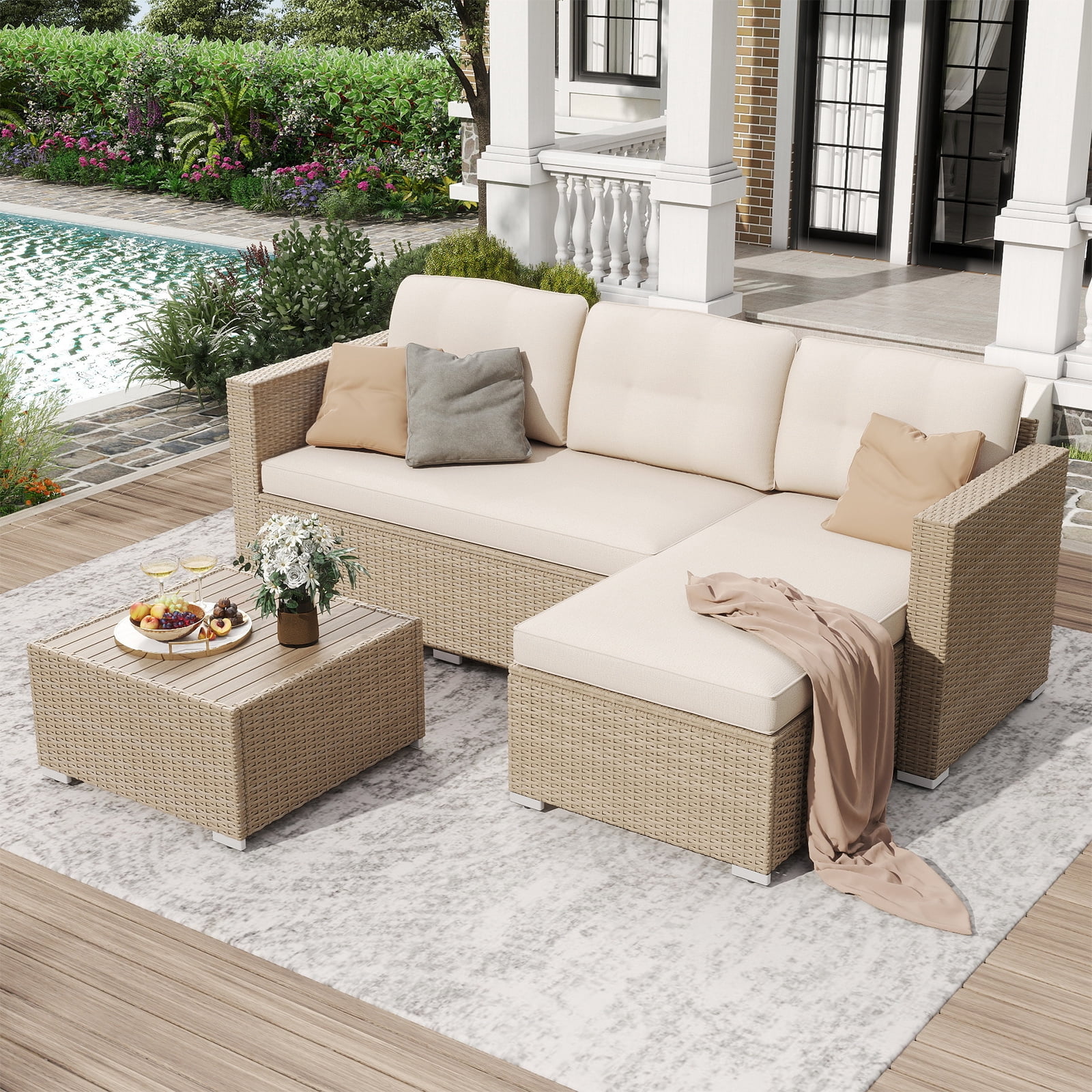 JOIVI 3 Pieces Patio Conversation Set, PE Wicker Rattan Outdoor Furniture Set, 2 Ways Small Sectional Sofa with Cushions, Tempered Glass Coffee Table, Creamy White