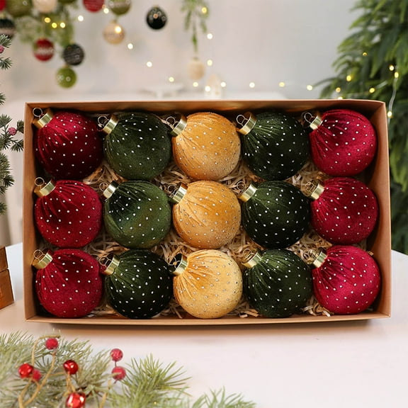 Burgundy Velvet Ball Ornament, Sliver Spot Sequin Finish, Christmas Tree Ball Decoration, Vintage Holiday Ball Ornament (8 cm / 3 inch) Wedding Xmas Party Decor (Burgundy Green Yellow)