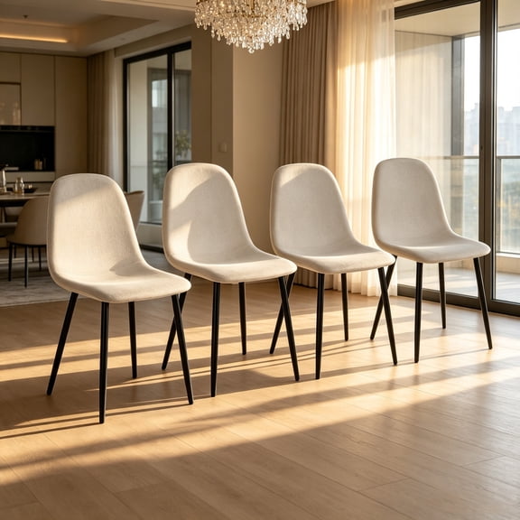 ECOBUY Set of 4 Modern Dining Chairs with Linen Upholstered Seat, Spoon Shape Accent Chair with Black Metal Legs, Beige, 20.08in L