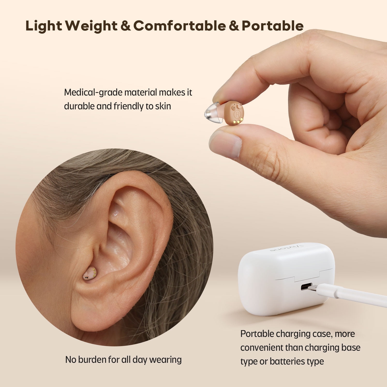 Vivtone Supermini Rechargeable OTC Hearing Aid, Completely-in-canal(CIC), for Seniors & Adults, Beige, 2 Pieces