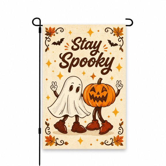 Ghost & Pumpkin "Stay Spooky" Halloween Garden Flag, 12 x 18 Inch - Perfect for Yard, Lawn, Patio, Porch, Outdoor Decor - Seasonal Fall Display