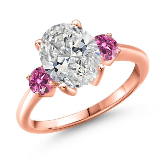 2.46 cttw IGI Certified Lab Grown Diamond and Pink Moissanite 3-Stone Engagement Ring for Women | 18K Rose Gold Plated Silver | Center 2.00 Ct Diamond | E-F Color | VS1-VS2 Clarity | Size 5
