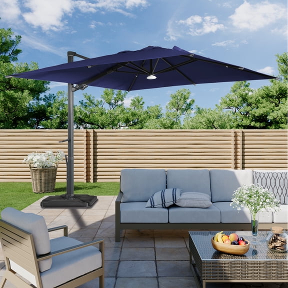 Boyel Living 10x10ft Cantilever Patio Umbrella, Large Cantilever Umbrella 360°Rotation Sun Umbrella for Market Garden Deck Pool Backyard, w/ Bluetooth Ambient Light & Base(Navy Blue)