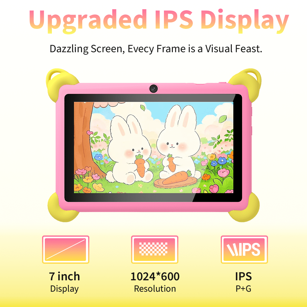 Veidoo 7-inch Android Kids Tablet, 2+32GB, Dual Cameras, Shockproof Case, Rabbit Stand Integrated Design, Detachable Shoulder Strap，Quad-Core Processor, iwawaAPP, Parental Control(Pink)