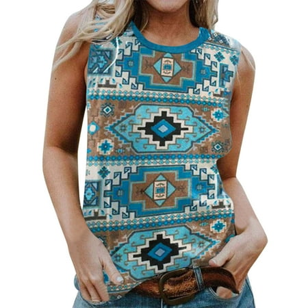 

JDEFEG Crop Top Women Women Casual Round Neck Sleeveless Ethnic Vintage Print Top Vest Cropped Camisole Women Lingerie for Women Polyester Spandex Blue Xl