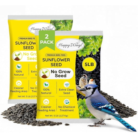 Happy Wings Black Oil Sunflower Bird Food, No Growth Bird Seed, New 5 lb.(Pack of 2) Bag