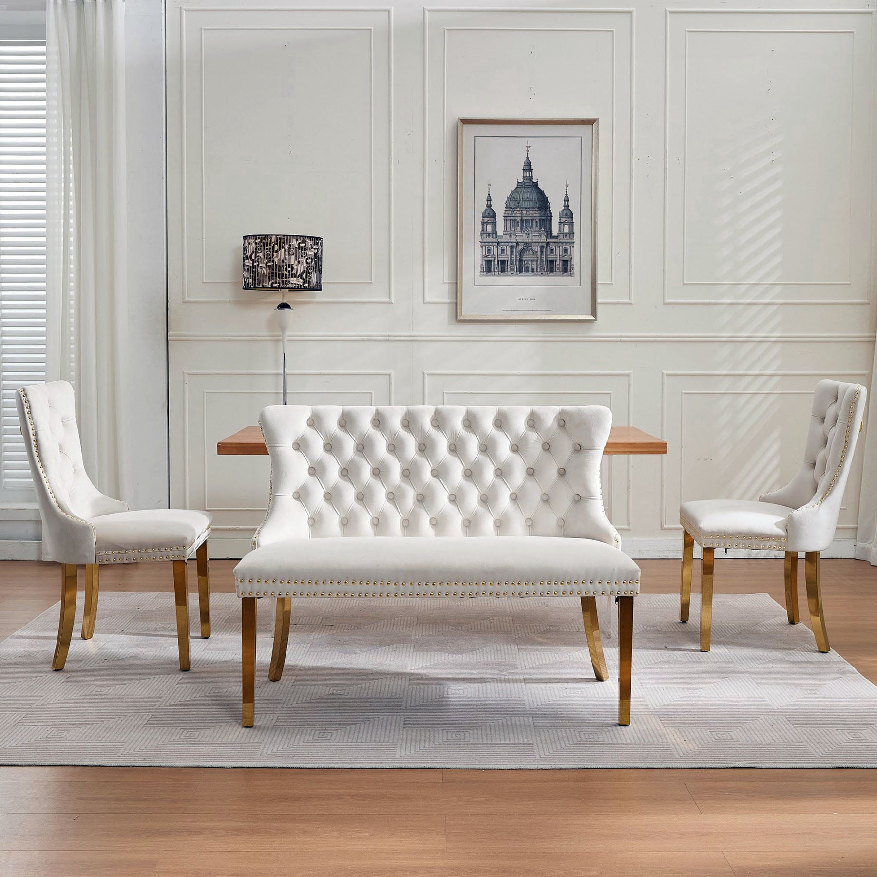 S-HOME Stylish Velvet Double Seat Loveseat Bench Featuring Handmade Buttons and Gold-Plated Steel Legs for Dining Areas, Beige