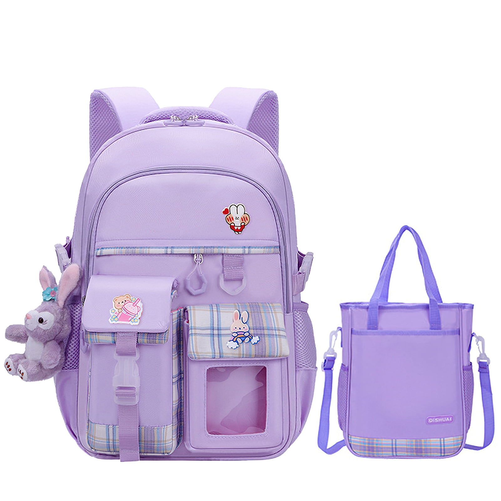 Kadyn Travel Backpacks, Cute Bookbag for Teen, Multifunctional School Durable Schoolbag with Lina Bell, 3 Decorative Cards and Lunch Bag, Purple