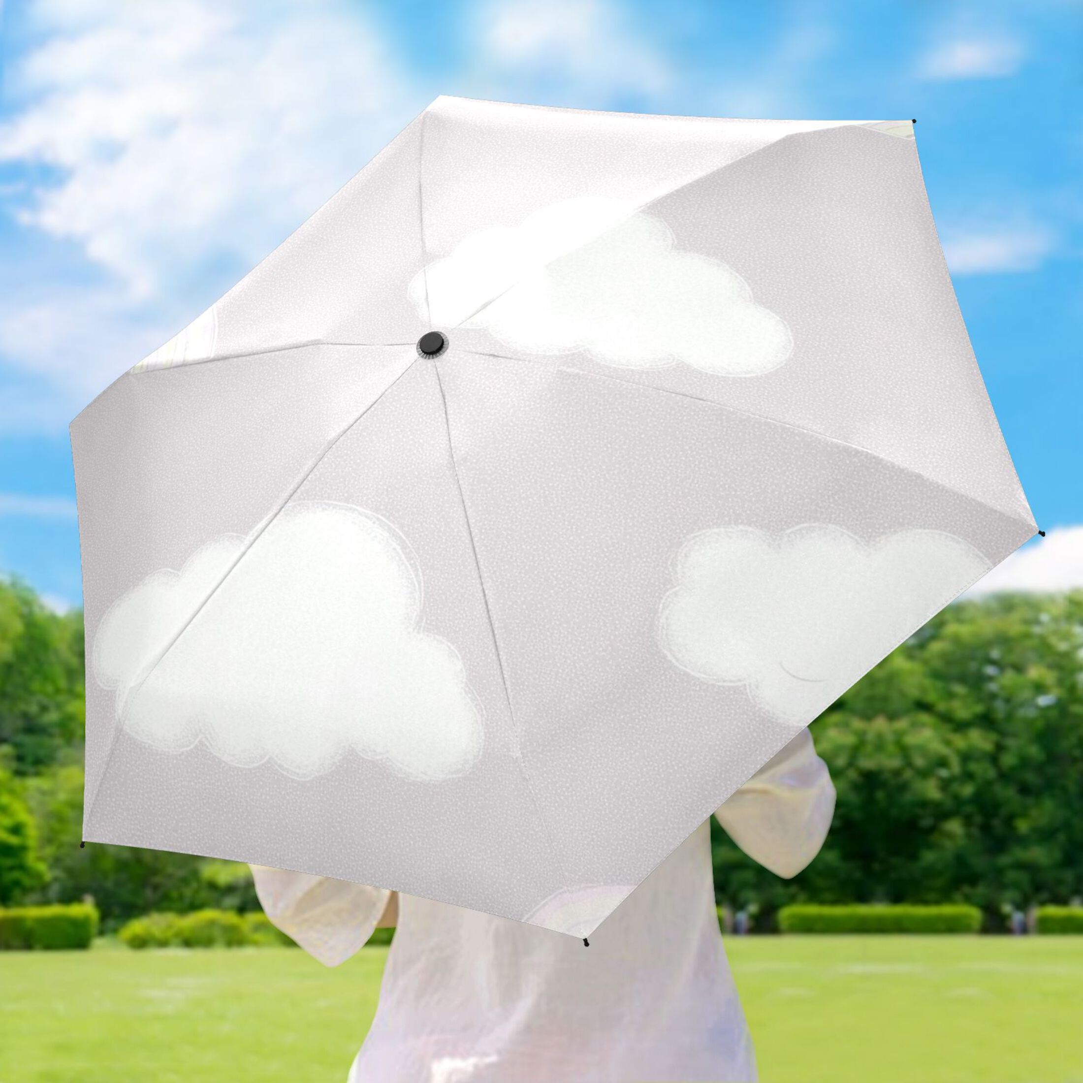 Cloud and Rainbow Pattern Umbrellas for Sun Auto Open Close UV50+ Waterproof 5-Fold Compact Fiberglass Frame