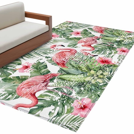 Pink Flamingo Washable Area Rugs 2.7 x5 Tropical Leaf Palms Banana Leaves Jungle Floral Low Pile Throw Living Room Rug Non-Slip Sturdy Edge Binding Carpet for Indoor Entryway Bedside Kitchen