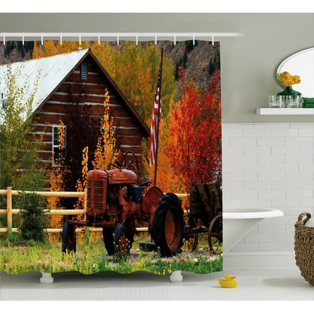 Country Bathroom Sets Fall Shower Curtain, Rustic Cabin with Rusty Tractor Country Cottage House Seasonal Colors US Flag Loyalty, Fabric Bathroom Set with Hooks, Multicolor, by Ambesonne ()