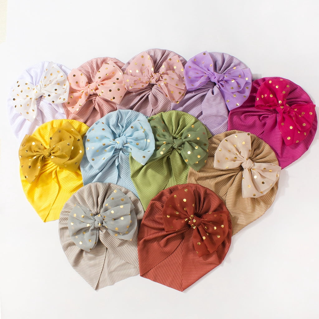Dalrosia 12PCS Baby Turban Hats, Baby Soft Bow Knot Cap Infant Toddler Hospital Hat Head Wrap 0-48 Months