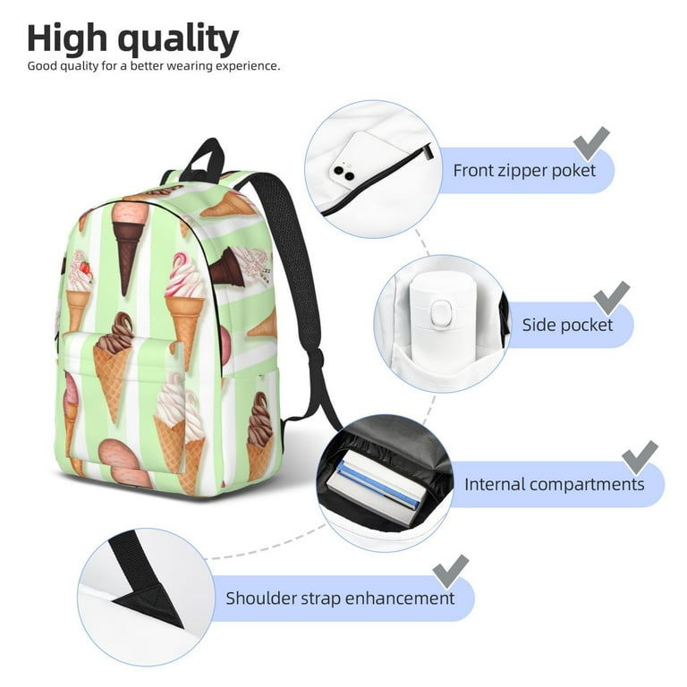 Summer Ice Cream Green Backpack for School Canvas Backpack Bookbag School Backpacks for Boys Girls College Student Travel Work Laptop Backpack Carry On Backpack for Women Men Walmart