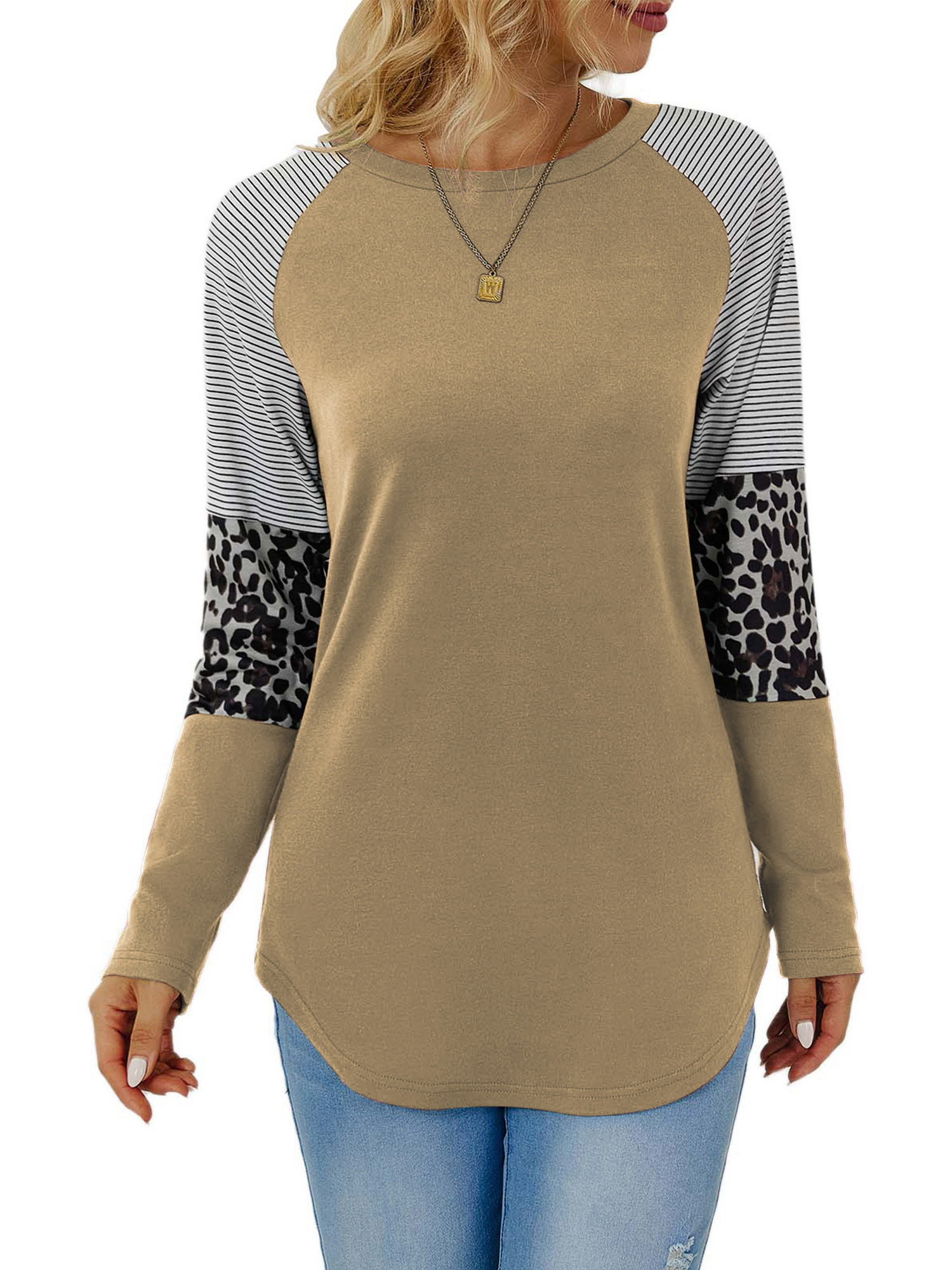 TEMOFON Long Sleeve Shirts for Women Fall Loose Fit Tops Leopard Print Color Block Crew Neck Sweatshirts Tunic Lady Tops
