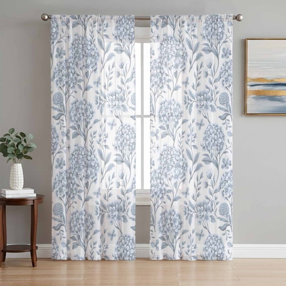 Blue Flower Semi Sheer Window Curtains 84 Inches Long, Botanical Floral Vintage Wildflower Leaf Rod Pocket Voile Silky Chiffon Curtain Light Filtering Drapes for Living Room, 52"x84", 2 Panels