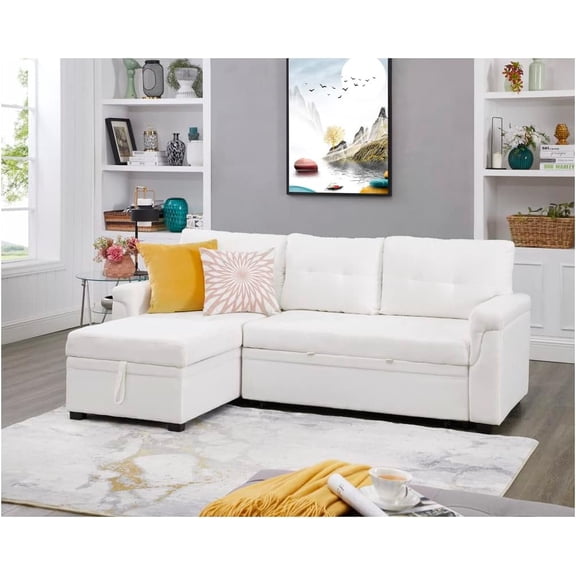 L-Shaped Sectional Sofa with Pull-Out Bed - Compact L-Shaped Couch for Living Room, Velvet, White