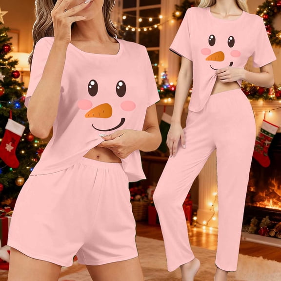 EchfiProm Christmas Pajamas for Women Loungewear 3 Piece Set Short Sleeve Long Pants Pink Cute Fall Festive Ladies Pjs Set
