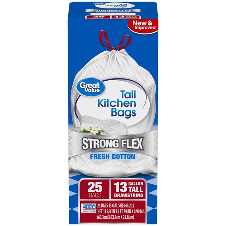 Great Gifts Under 25 (Pack of 2) Great Value Strong Flex Tall Kitchen Drawstring Trash Bags, Fresh Cotton, 13 Gallon, 25 Count ()