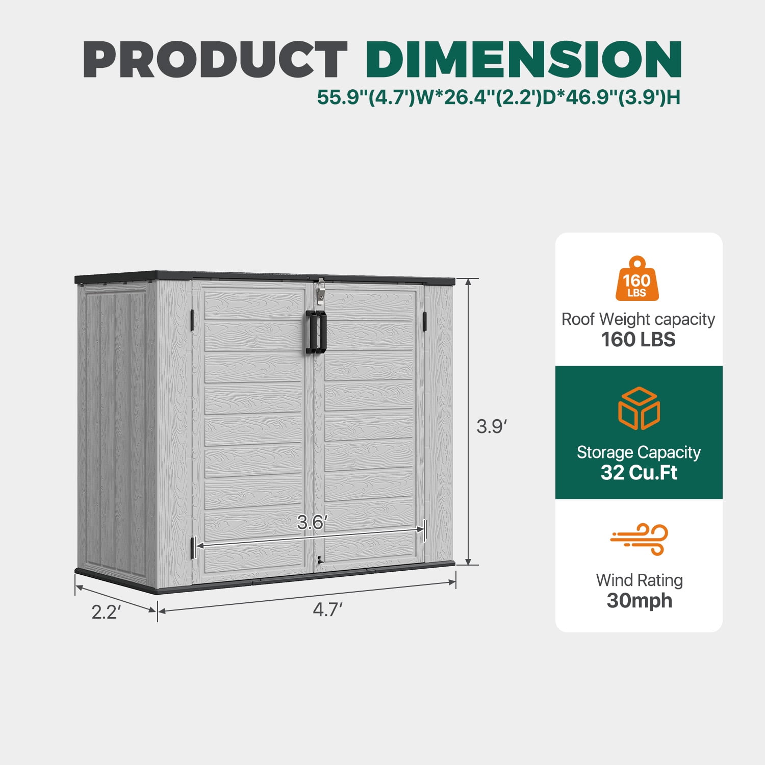 Dateyes 41 Cu.Ft Outdoor Storage Shed, Waterproof Resin Cabinet with Floor for Patio, Garden & Pool, White