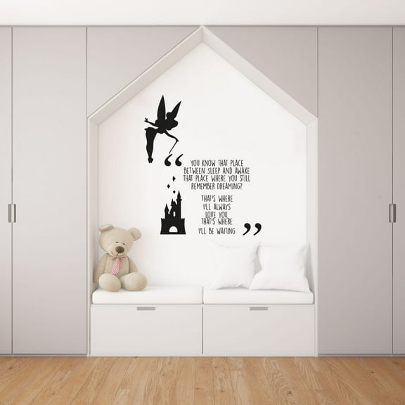 Tinkerbell Castle Silhouette That's Where I'll Always Love You That's Where I'll Be Waiting Quote Vinyl Wall Art DecalWall Sticker Home Decoration Design Kids Girls Room Wall Décor Size (30x30 inch)