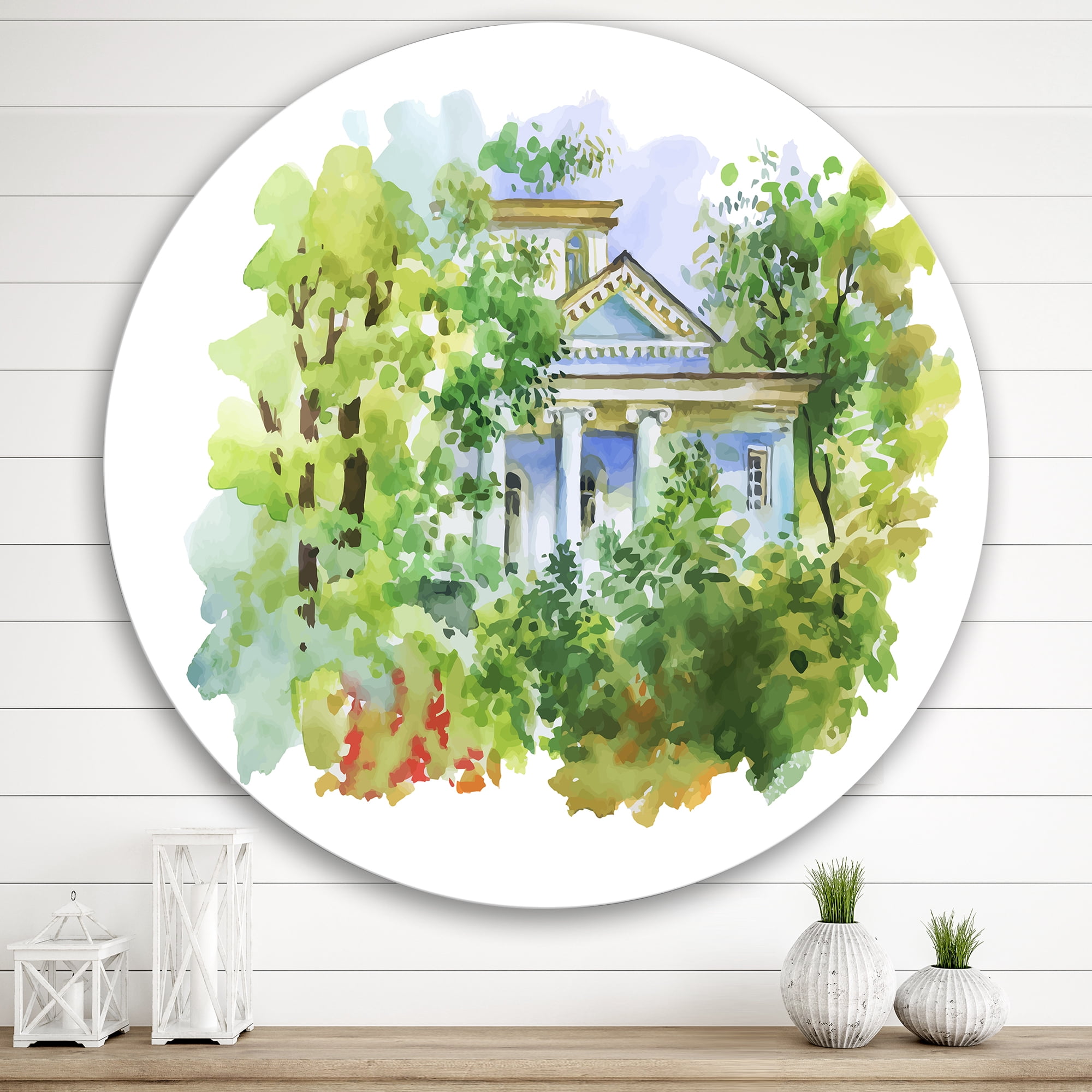 Designart 'White House In The Green Woods' Traditional Circle Metal Wall Art 36x36 - Disc of 36