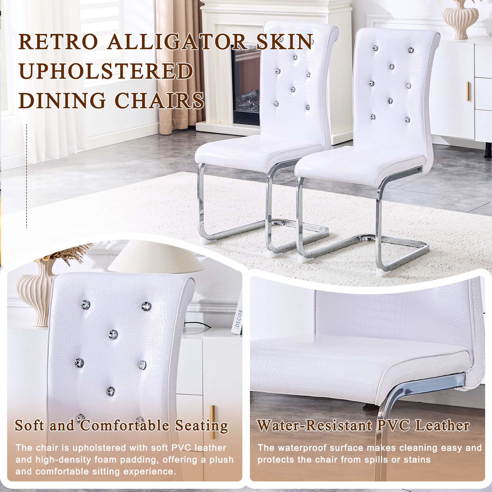 Alvantor Dining Chairs Set of 2, Retro Leather Chairs with Crystal Buckle , Upholstered Accent Chairs for Dining Room & Kitchen White