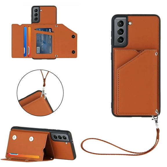 Elehold Lanyard Wallet Case for Samsung Galaxy S21 6.2  Inch Max Premium vegan leather with Wrist Strap,Shockproof Magnetic Buckle Flip Kickstand Credit Card Slots Anti-Scratch Protective Case,Brown
