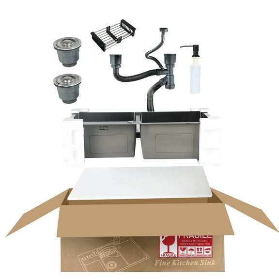 MEET Double Bowl Kitchen Sink & Drain Kit, 32 in Stainless Steel Vegetable Dishwashing Basin with Sewer Pipe Drain Basket, 8-Inch Deep, Black
