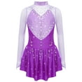 thumbnail image 2 of Haitryli Kids Girls Figure Skating Gymnastics Dance Dress Competition Performance Long Sleeve Color Block Mesh Patchwork Leotard Purple 14, 2 of 7