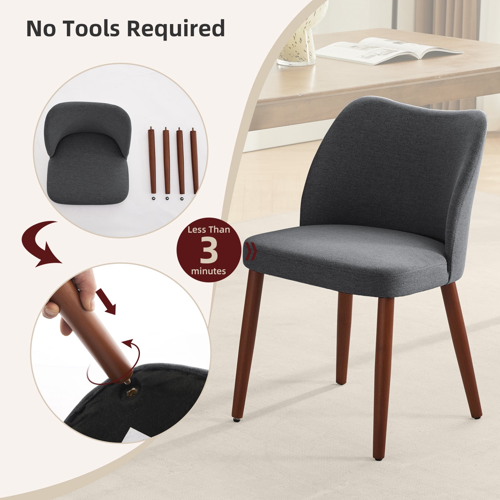 OUTGOODS Set of 2 Modern Dining Chairs, Linen Upholstered, Wood Legs