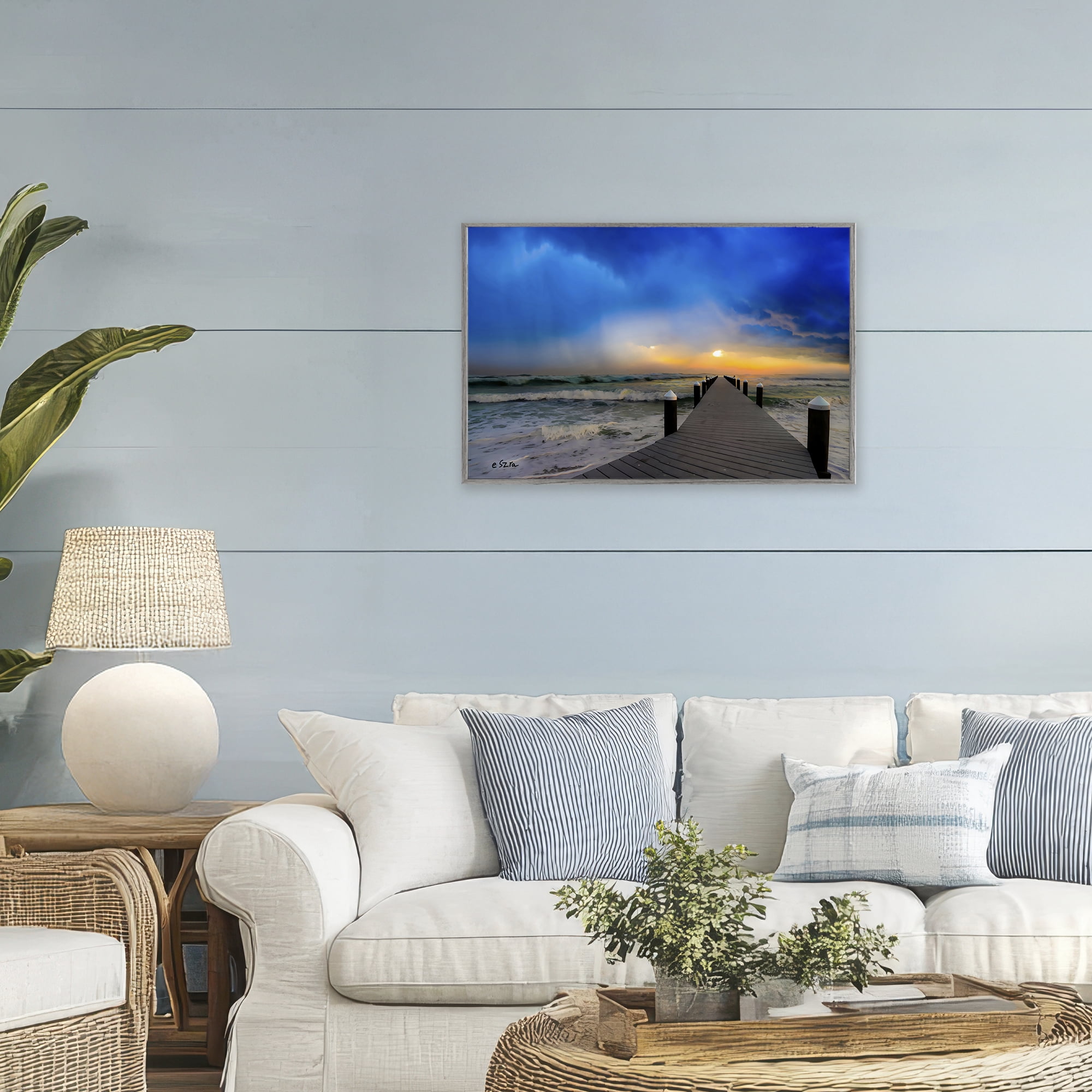 Stupell Industries Sun Breaking Over Sea Pier Gray Framed Giclee Art, design by Eszra Tanner