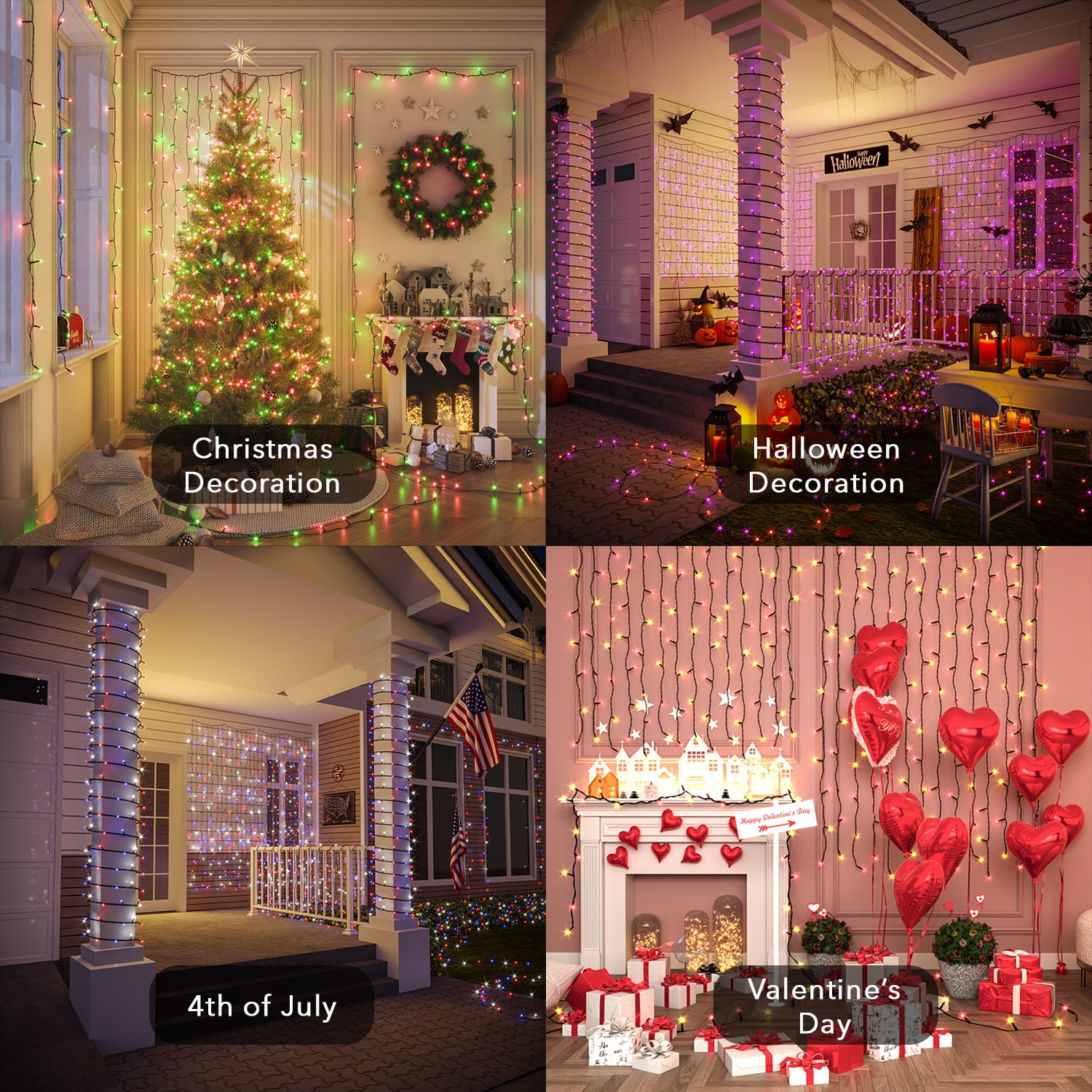 Beatineon 65.6ft 4th of July Decor Patriotic Lights, RGB Smart String Lights,200 LEDs APP & Remote Control with Music Sync, IP44 Waterproof Dark Green Wire for Indoor Outdoor Party Decor