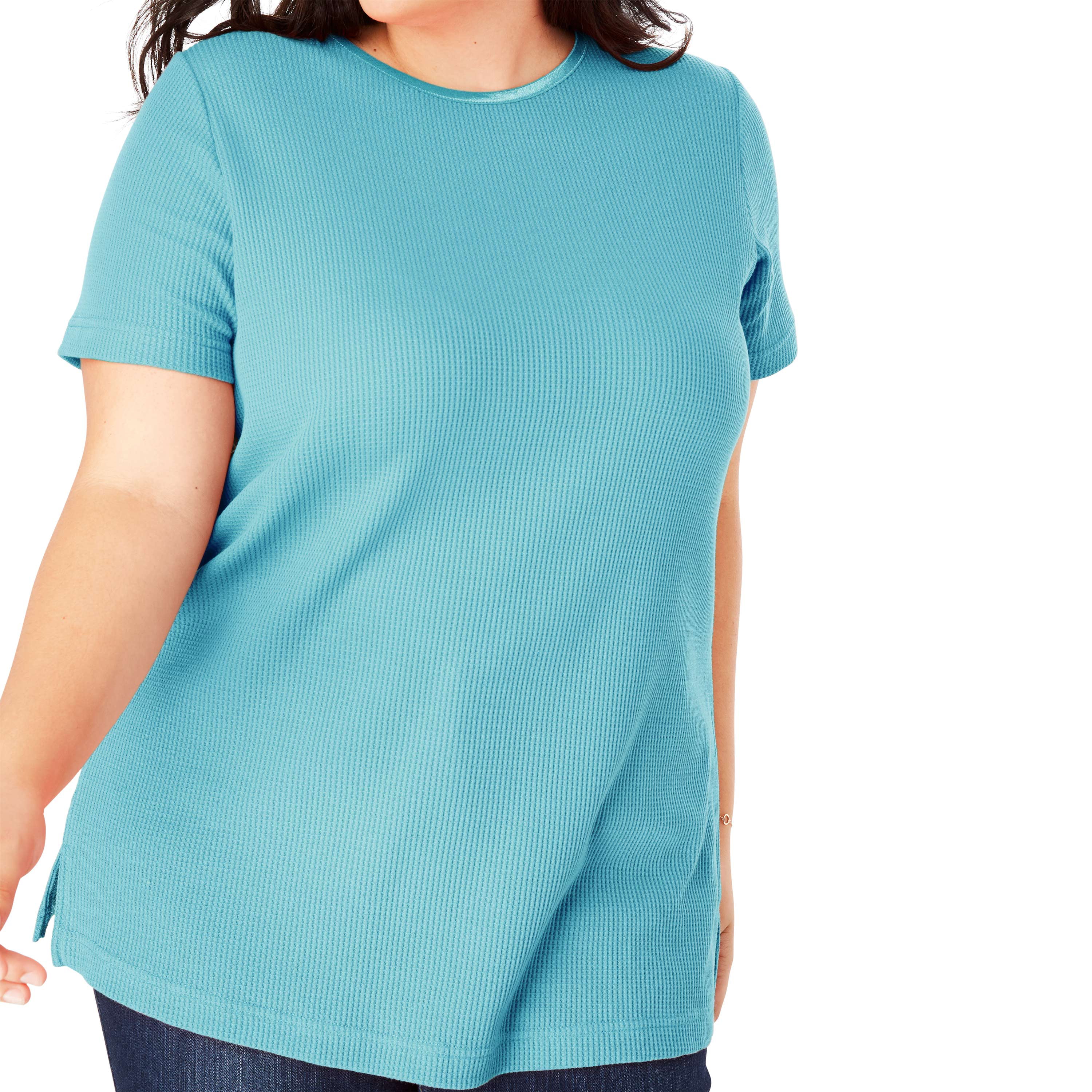 Woman Within Womens Plus Size Satin-Trimmed Crewneck Thermal Tee