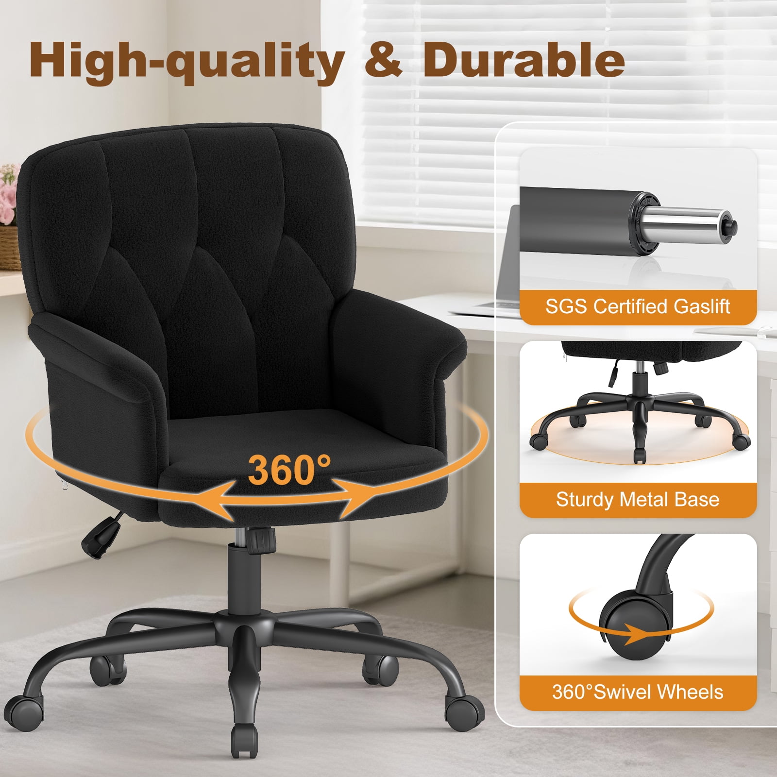 Home Office Chair Mid-Back Upholstered Tufted Computer Task Chair Height Adjustable Swivel Accent Chair Black