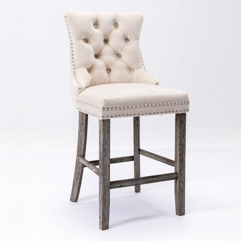 Velvet Upholstered Counter Height Barstools with Wood Legs Button Tufted Back Nailed Trim Set of 2 Beige Walmart