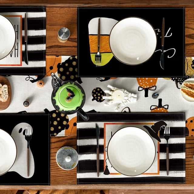 Juego de 4 manteles individuales para mesa de comedor con diseño de tiras de Halloween