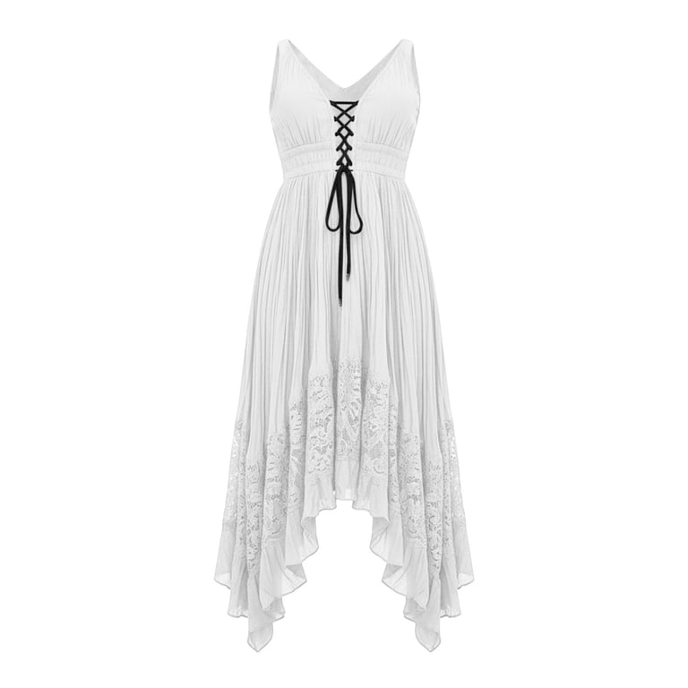 Guieoi Summer Dresses for Women under $10 Plus Size Wavy-Pleated Sleeveless Asymmetrical Hem Lace-Panel Dress White L