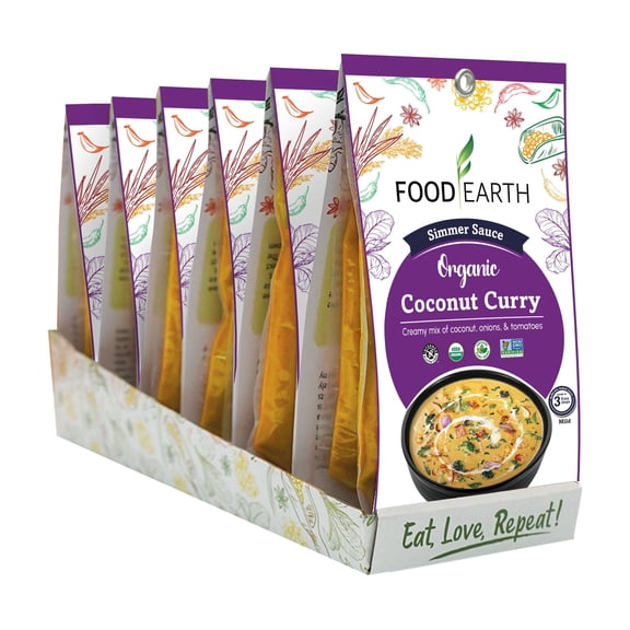 Food Earth - Organic Coconut Curry Simmer Sauce, 100% Organic, Vegan, Gluten-Free, Heat & Serve, Curry or Marinade Base, 12-Pack (5.29 oz Each) – Shelf-Stable Indian Cooking Sauce