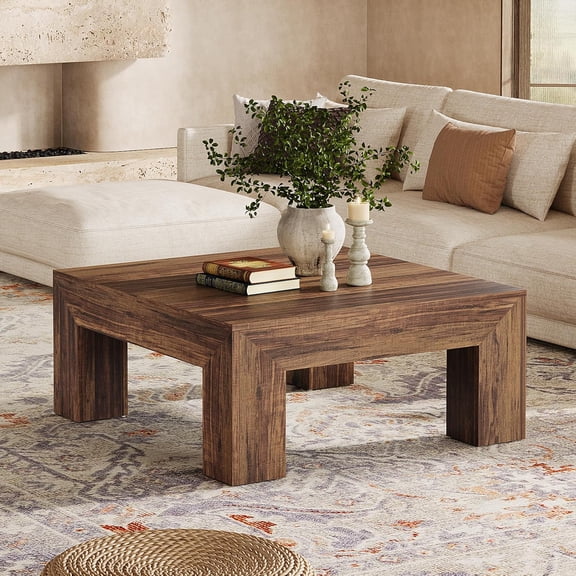 Finmind 39.4" Square Coffee Table, Farmhouse MDF Center Table with Sturdy Wooden Legs, Dark Brown