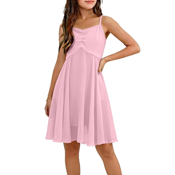 Xdegoge Kids Girls Elegant Chiffon Dress Knee Length A Line V Neck Spaghetti Strap Tween Summer Sundress Ruched Flowy Flattering Wedding Guest Birthday Party Pageant Wear for Teen