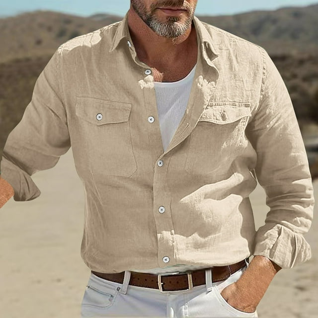 pstuiky Camisas casuales de manga larga para hombre, Camisa/top de manga larga con solapa de lino y color liso para hombre top de hombre xxl